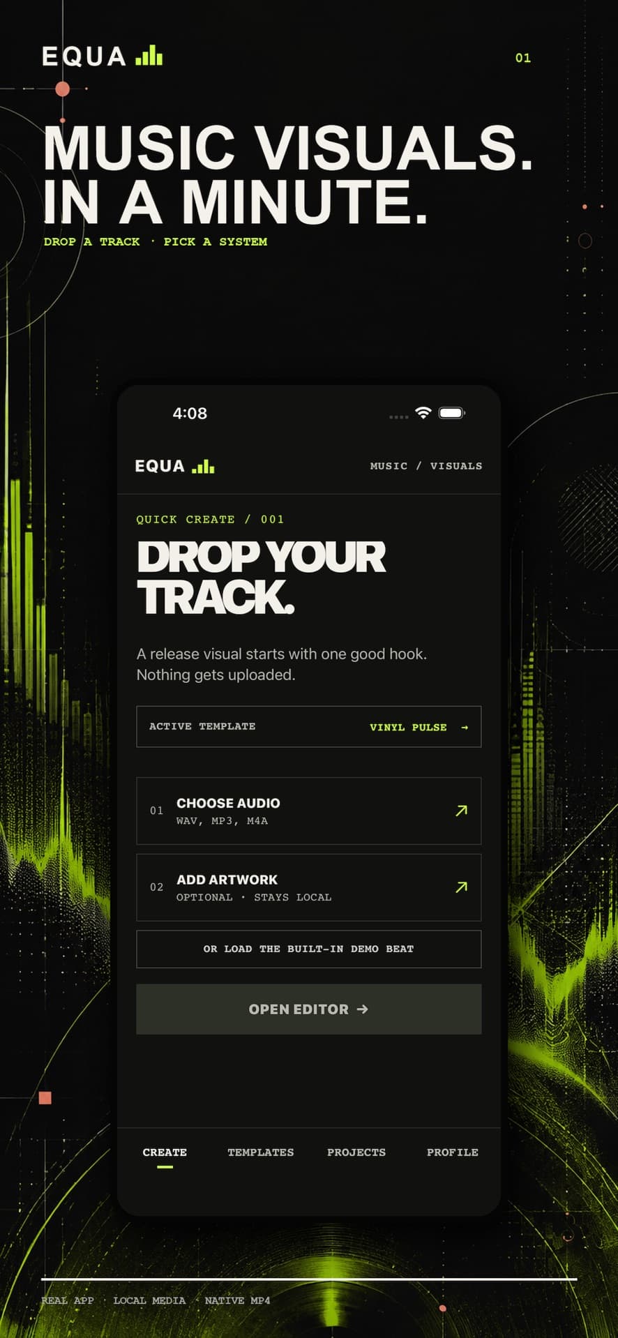EQUA create screen: start a music visual from a local track and artwork.