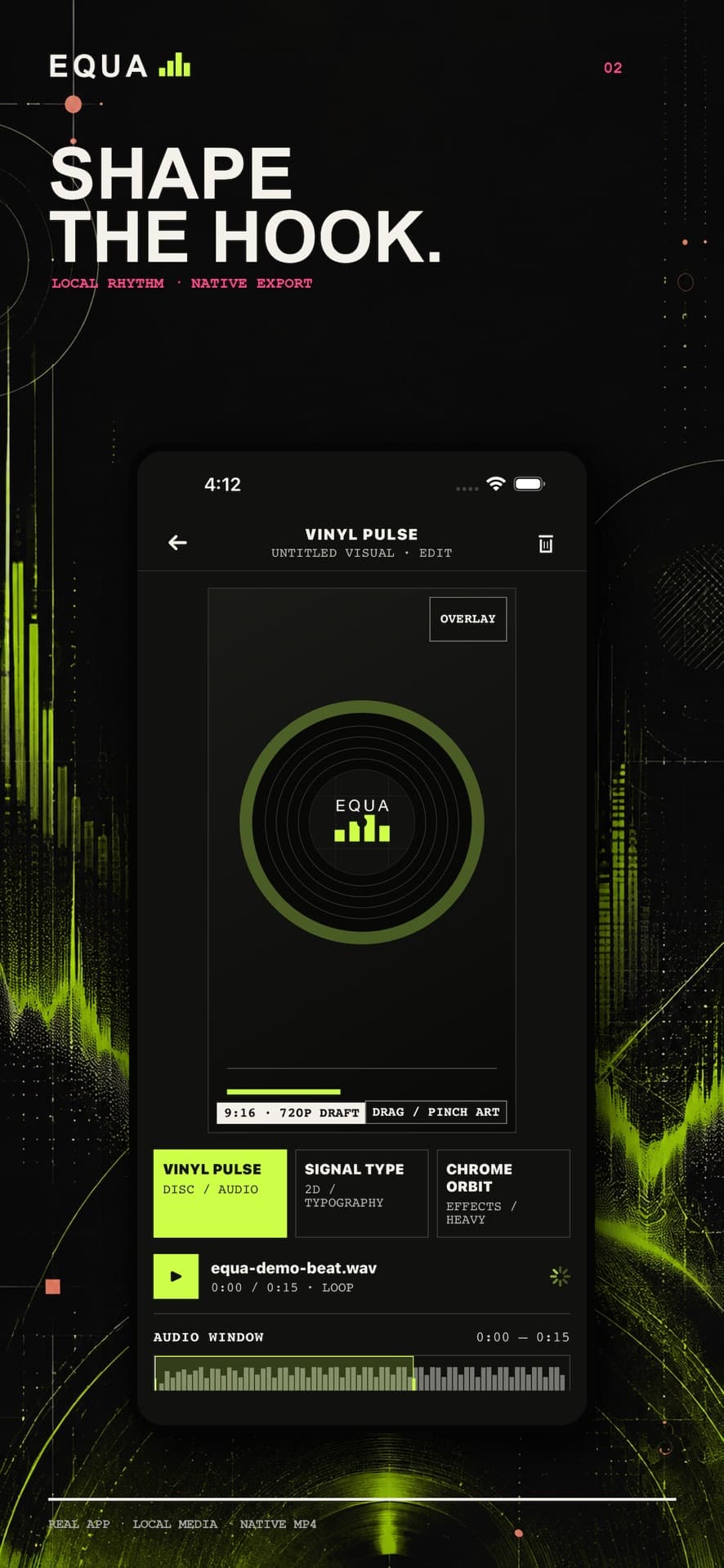 EQUA editor: trim the hook and preview an audio-reactive look.