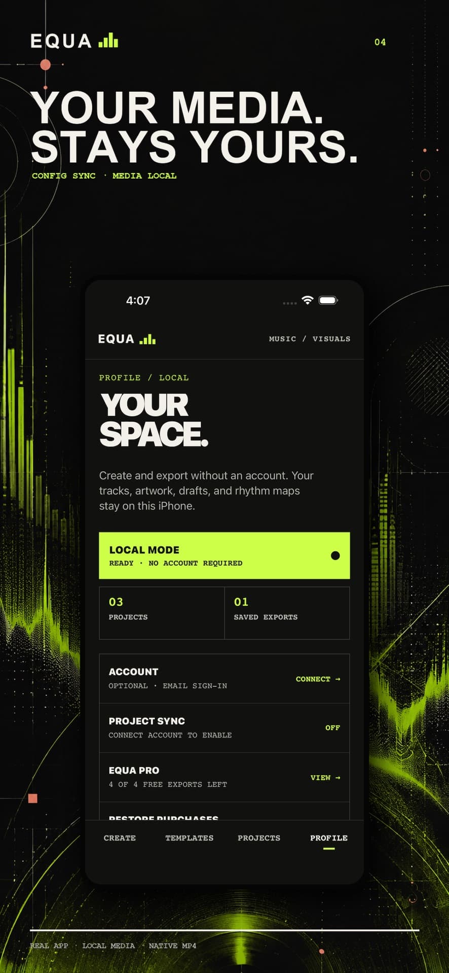EQUA profile and export options for Reels, TikTok, and Shorts.