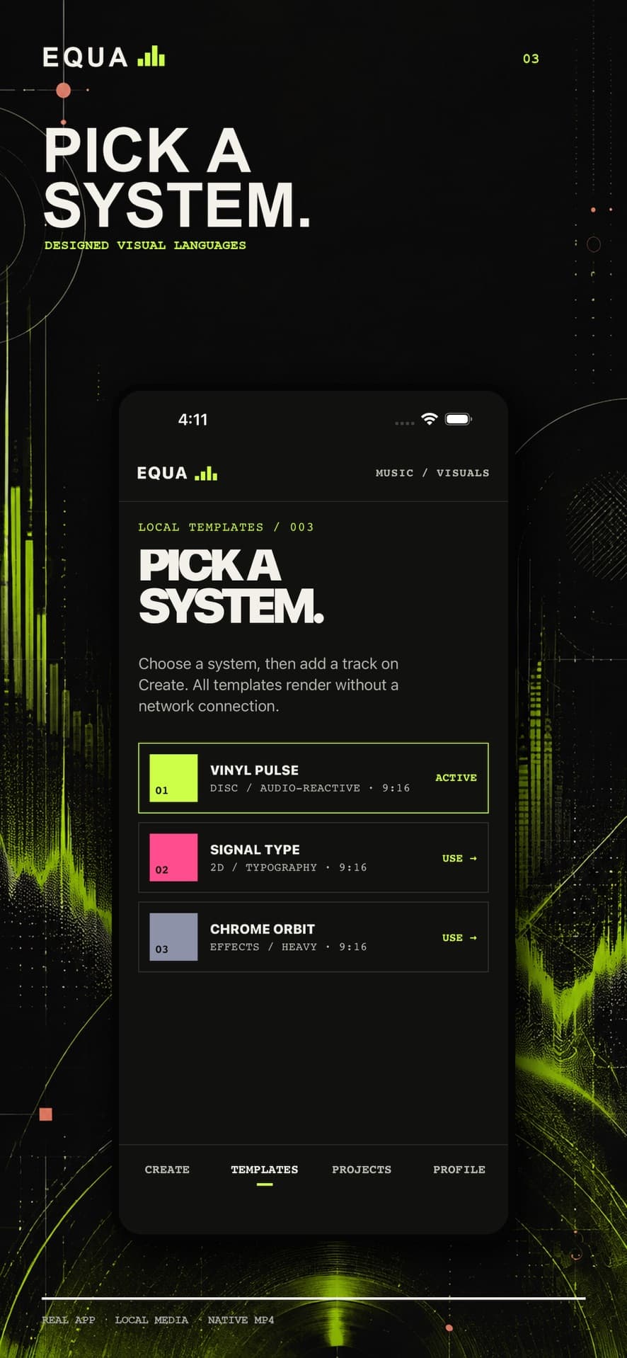 EQUA looks: pick a GPU visualizer such as Spinner or Equalizer.