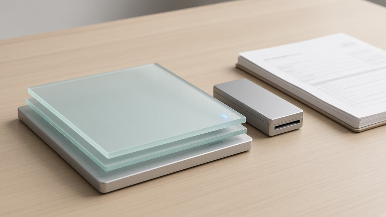 Layered materials on a desk suggesting a working product system: glass, paper, and a small status light.