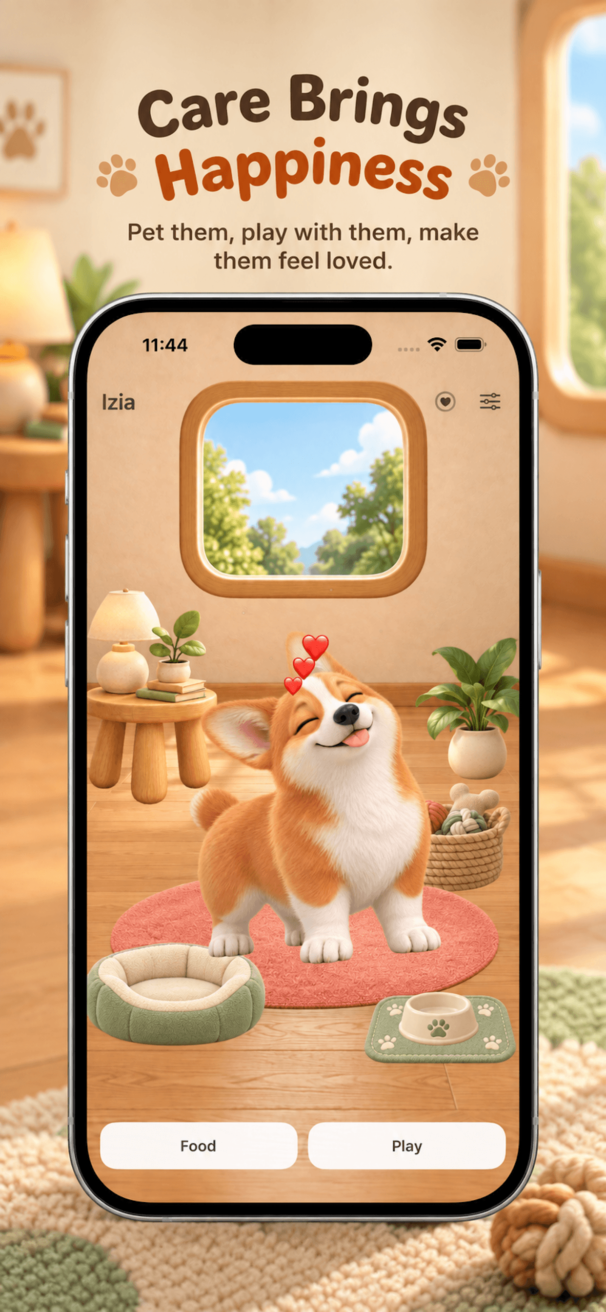 Lil Nose app screen: petting a happy corgi named Izia. Care brings happiness.