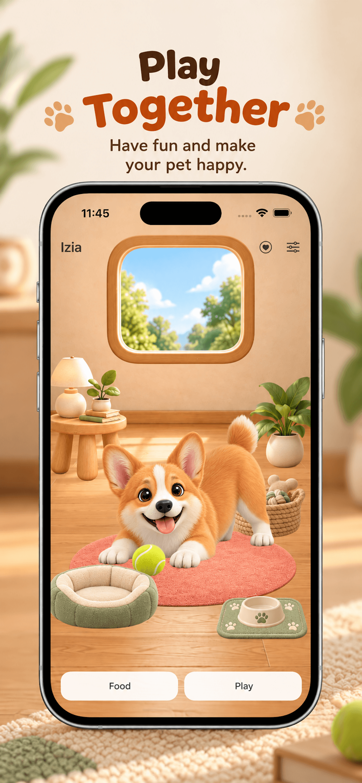 Lil Nose app screen: playing ball with a corgi. Play together.