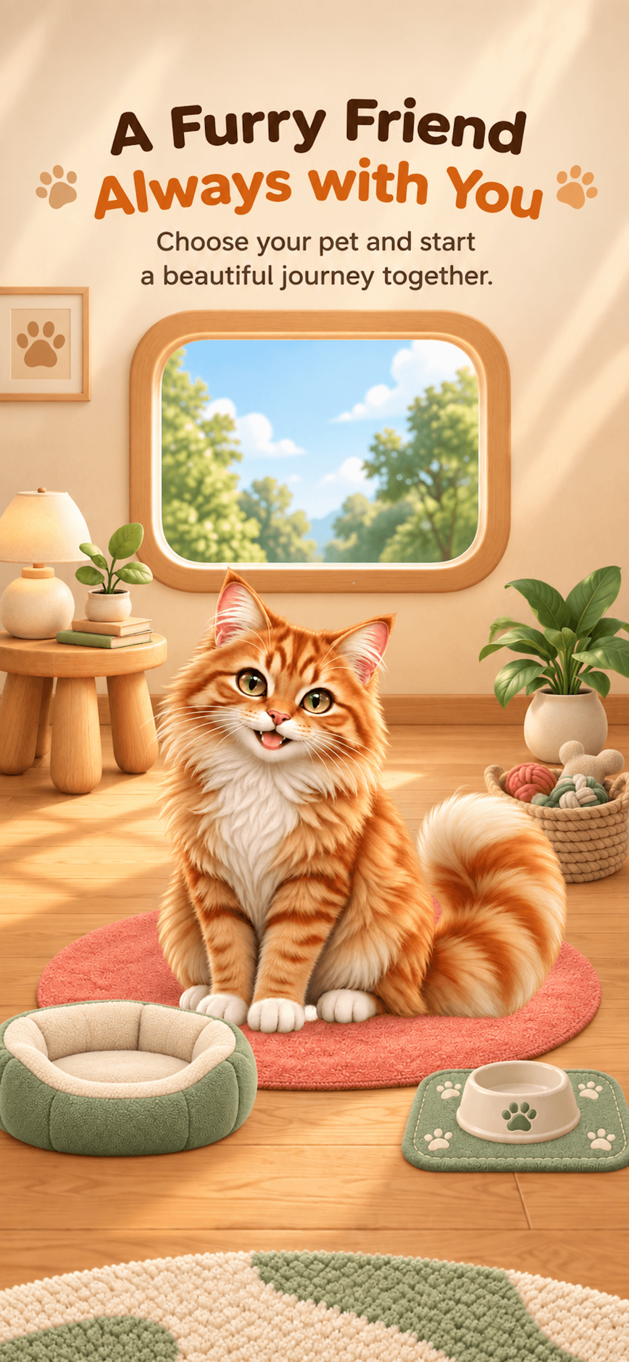Lil Nose promo: a ginger cat on a pink rug. A furry friend always with you.