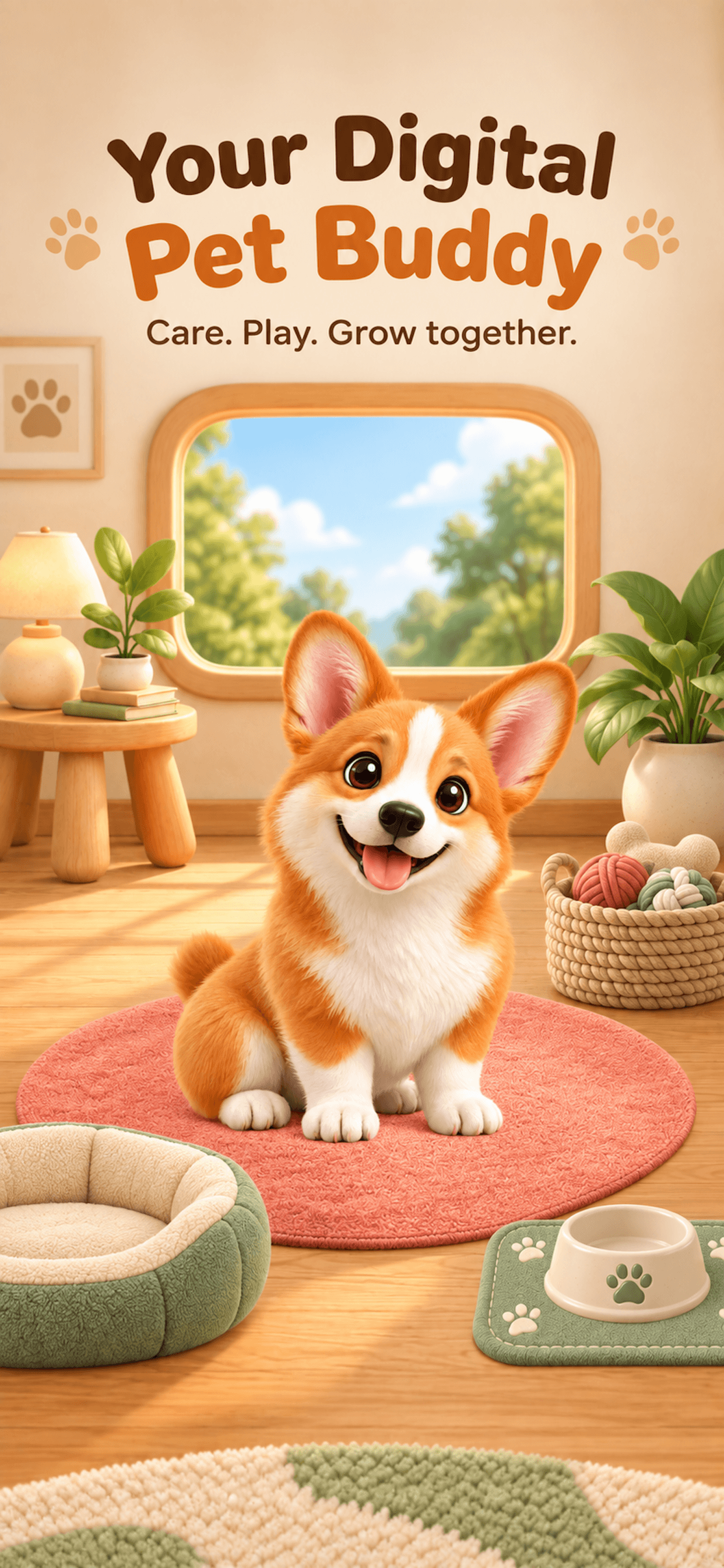 Lil Nose promo: a smiling corgi in a sunlit room. Your Digital Pet Buddy.