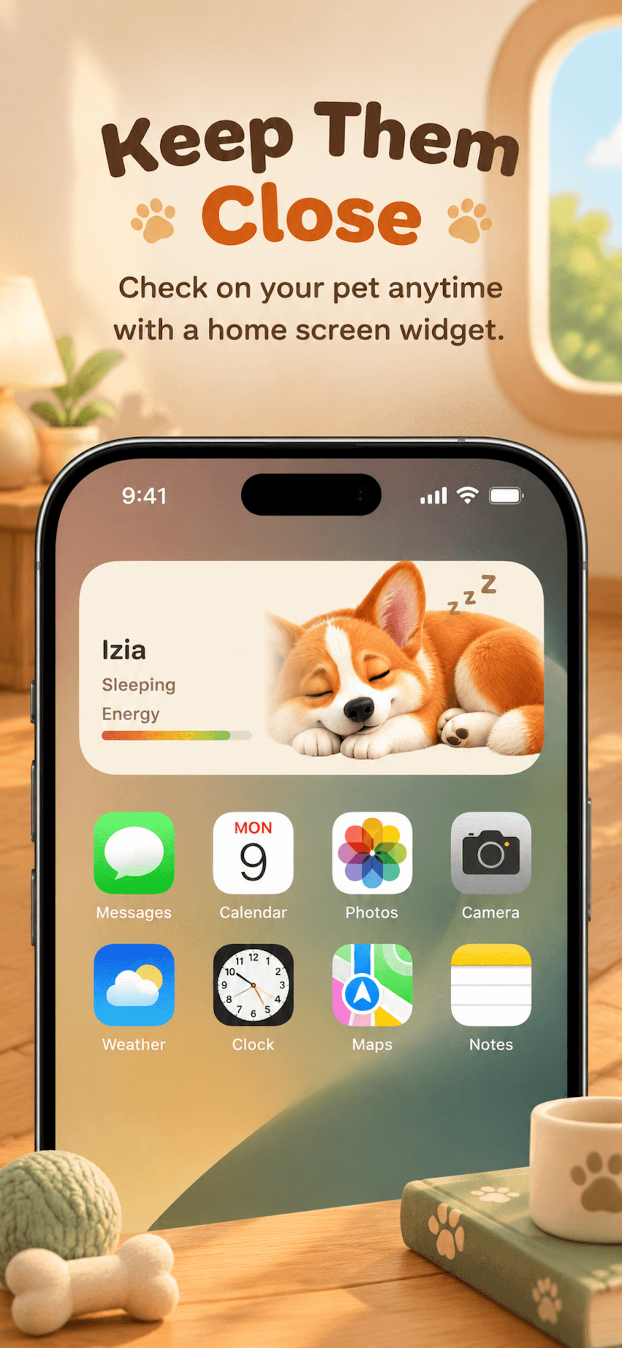 Lil Nose Home Screen widget showing a sleeping corgi named Izia.